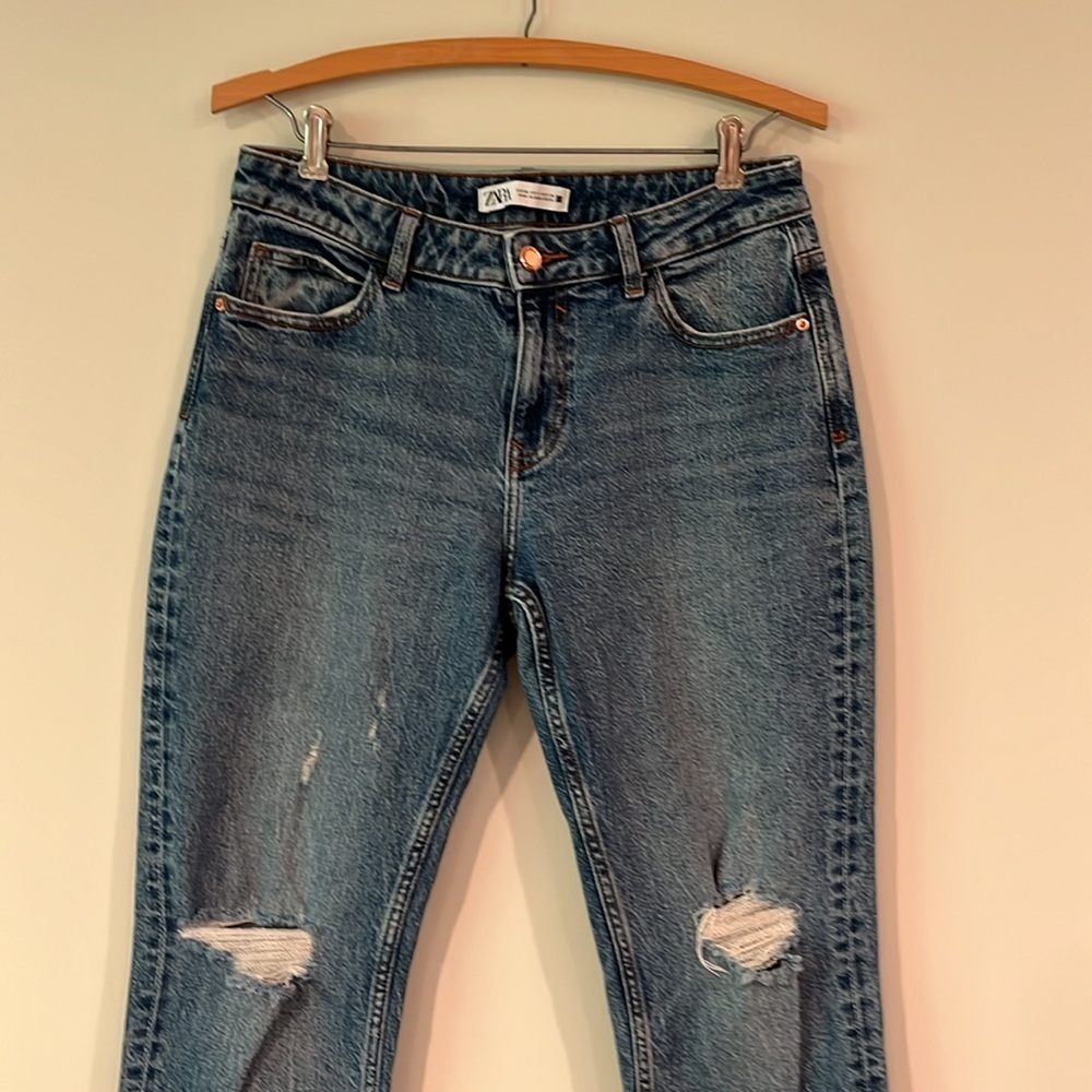 ZARA High Rise Ripped Distressed Jeans Slim Ankle Medium Wash Denim Womens 4